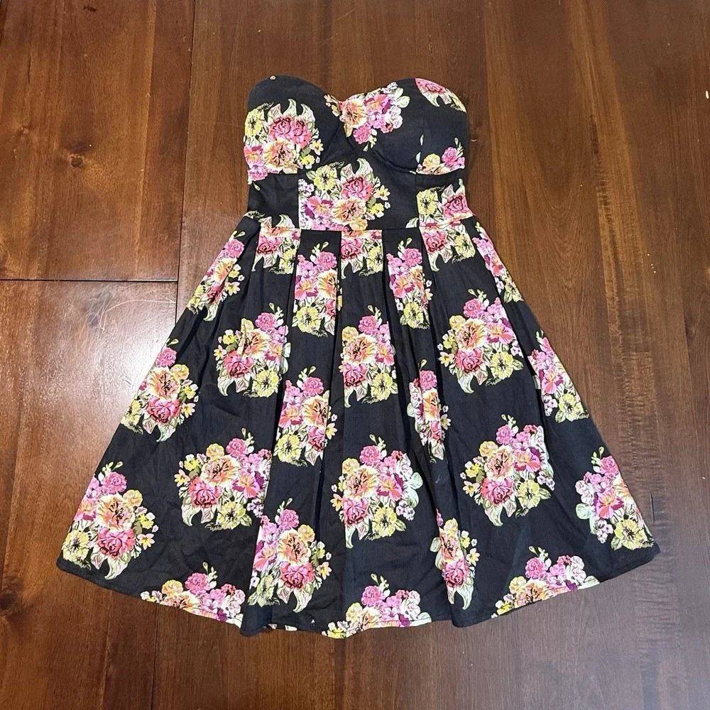 Rue 21 Strapless Moody Floral Fit Flare Dress XS Black Pink Sweetheart Coquette - Picture 2 of 11